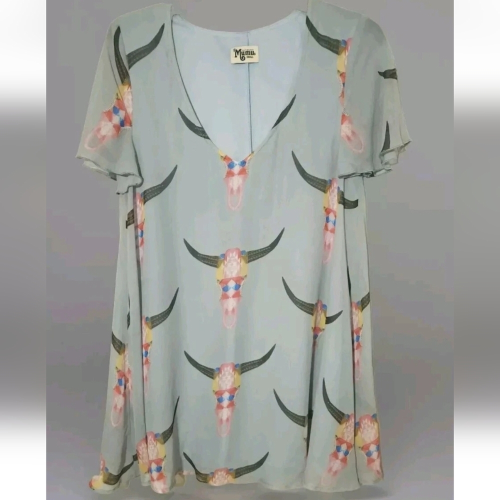 Show Me Your Mumu Kyle Mini Dress Womens Sm Blue Chiffon Cow Skull